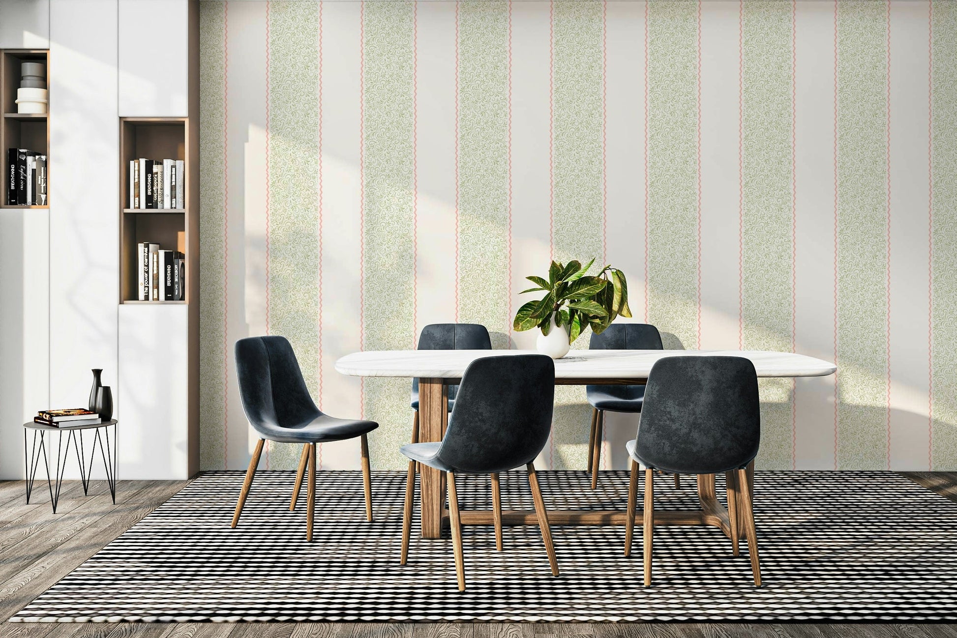 A peaceful wall mural with a vintage, striped design.

