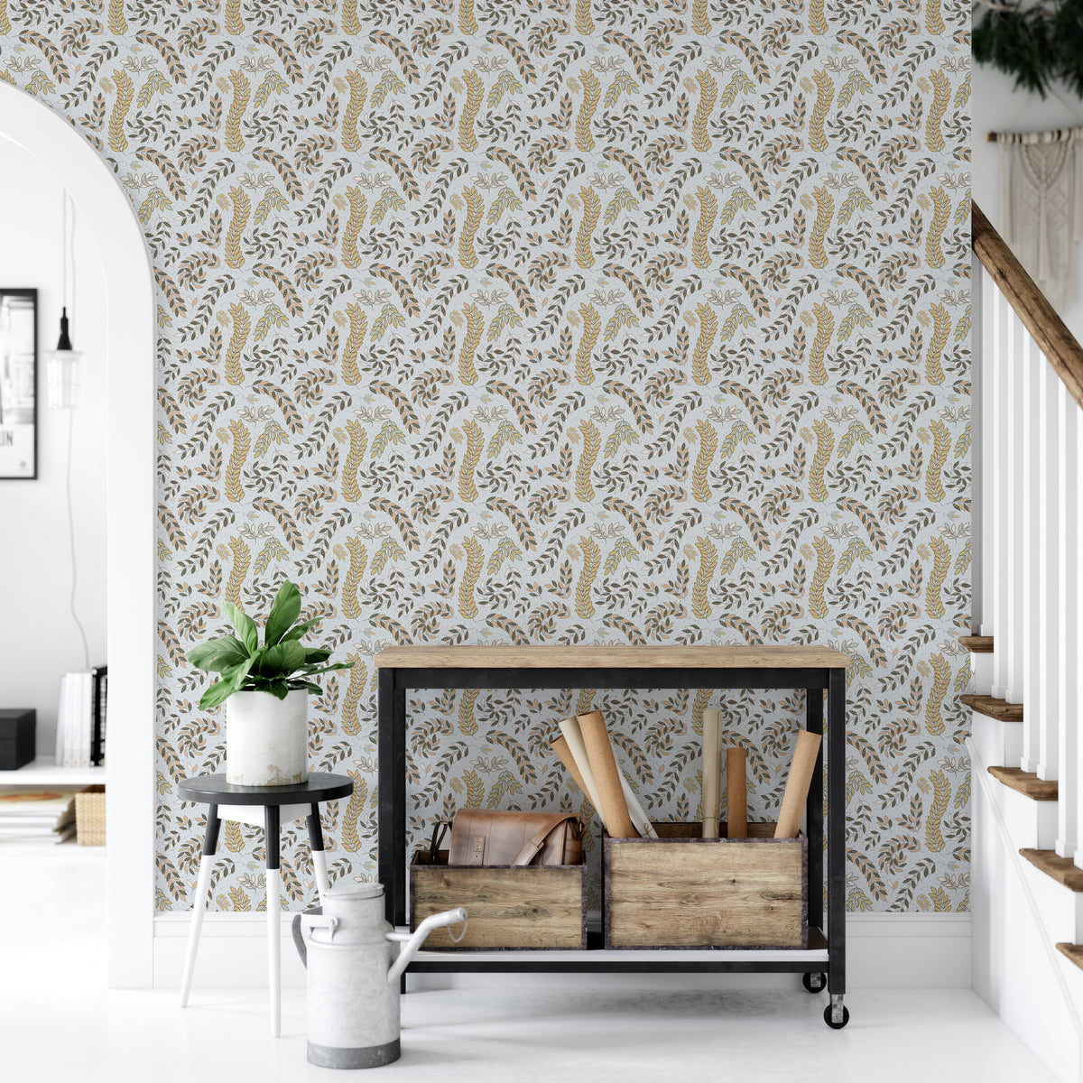 Vintage Foliage Golden and Gray wallpaper beside an industrial console cart and stairs in a hallway