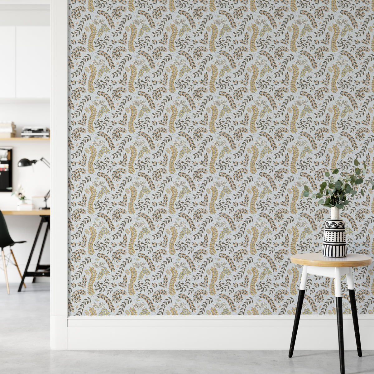Vintage Foliage Golden and Gray wallpaper beside a white desk and black chair in a home office