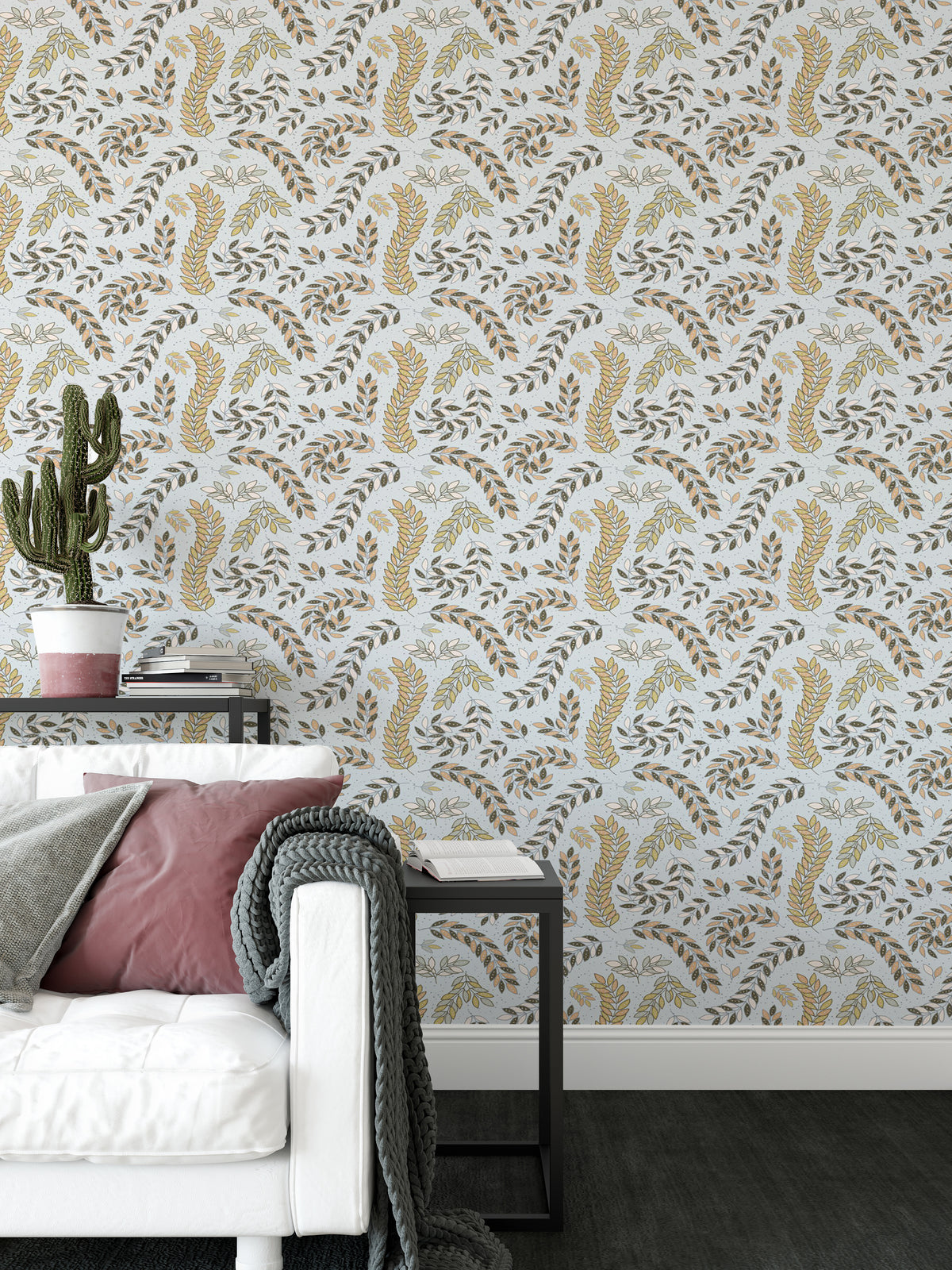Vintage Foliage Golden and Gray wallpaper behind a white sofa with mauve cushion and cactus in a living room