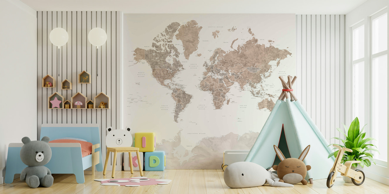 Vintage watercolor world map wallpaper for study rooms

