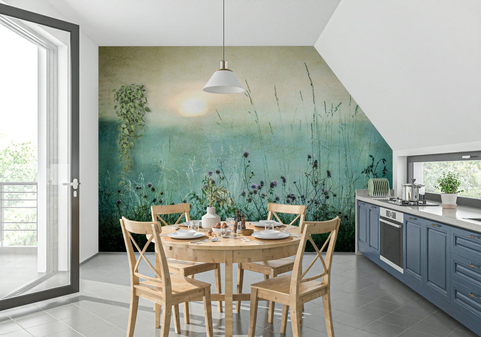 Vintage floral meadow wall mural bringing warmth and serenity to any space.