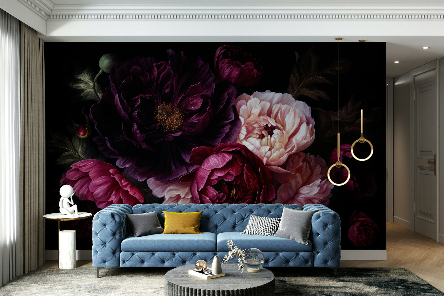 Living room peonies mural

