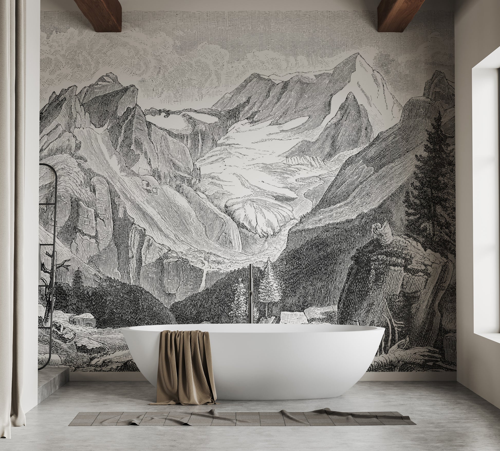 Vintage Mountain wallpaper mural in grey sketch style behind a freestanding white tub in a bathroom