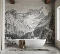 Vintage Mountain wallpaper mural in grey sketch style behind a freestanding white tub in a bathroom
