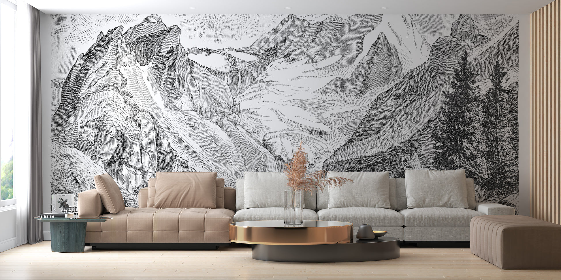 Vintage Mountain wallpaper mural with pine trees behind beige sectionals and a round gold coffee table