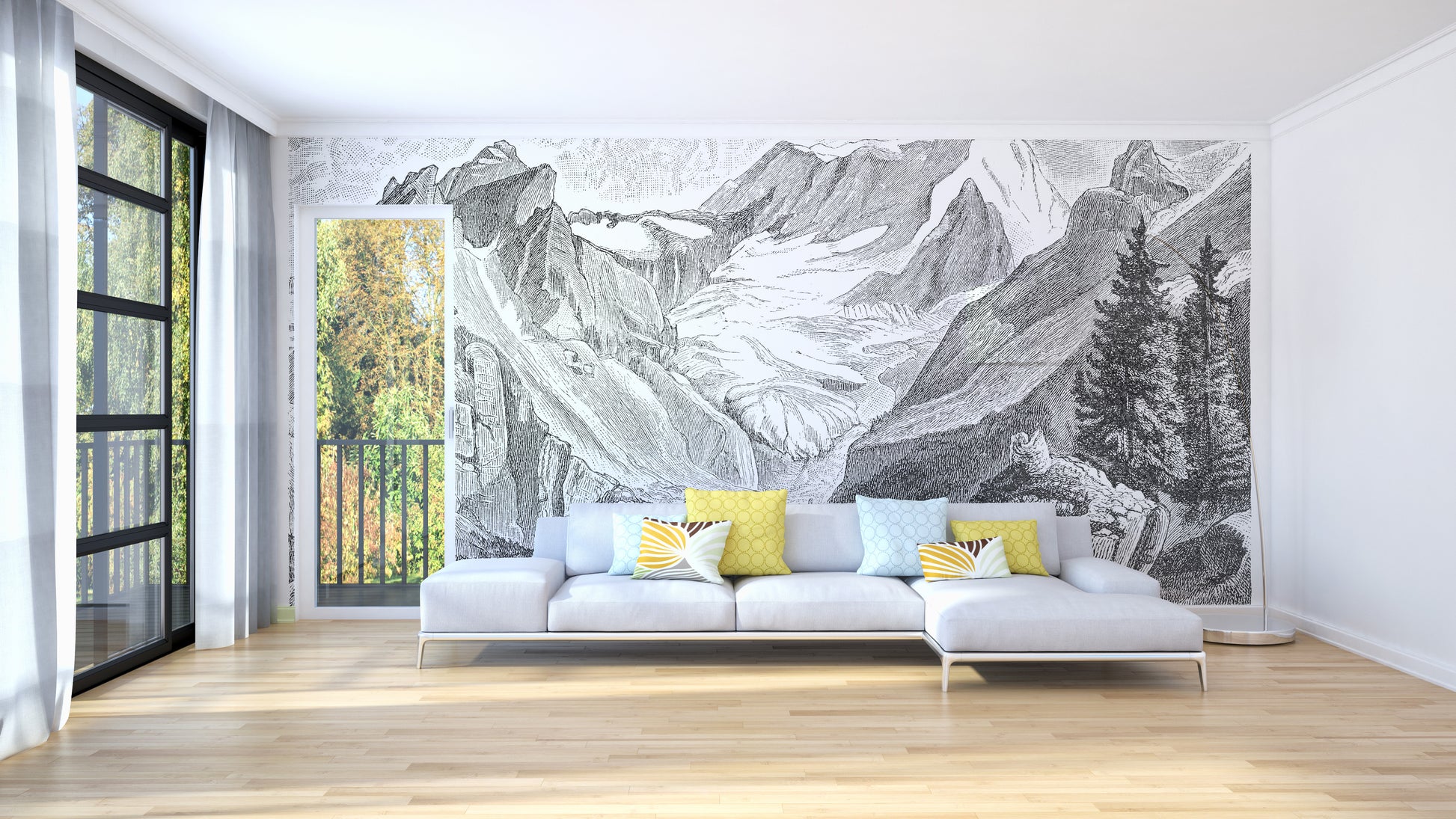 Vintage Mountain wallpaper mural in grey engraving style behind a light grey sofa in a sunny living room