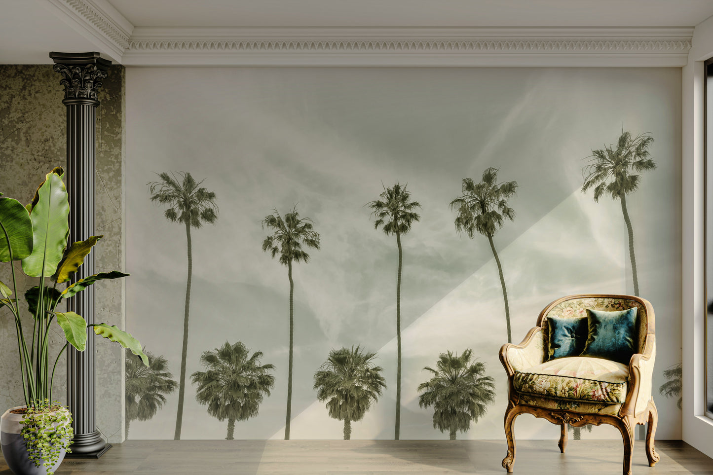 Palm trees mural wallpaper with vintage tropical design.

