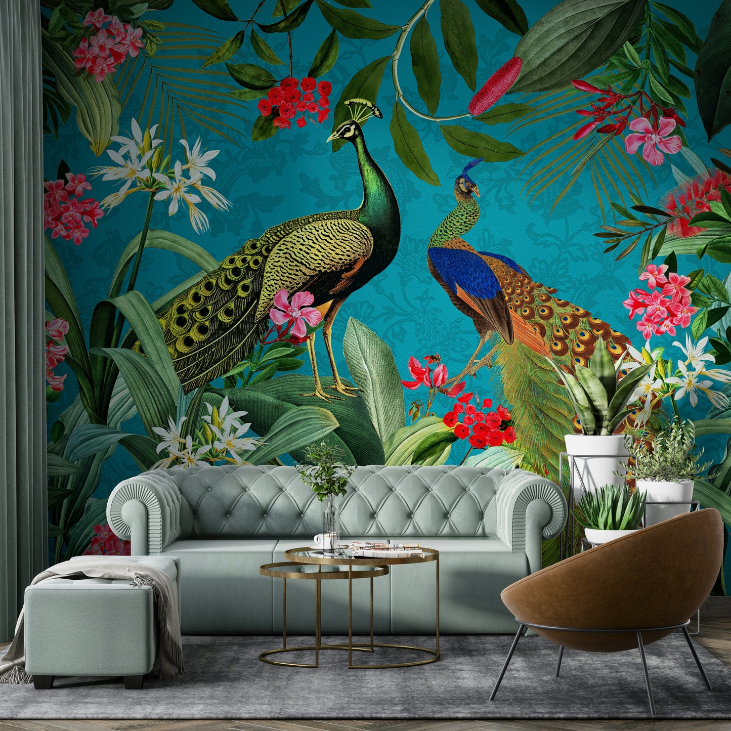 Timeless peacock paradise mural for bedroom decor

