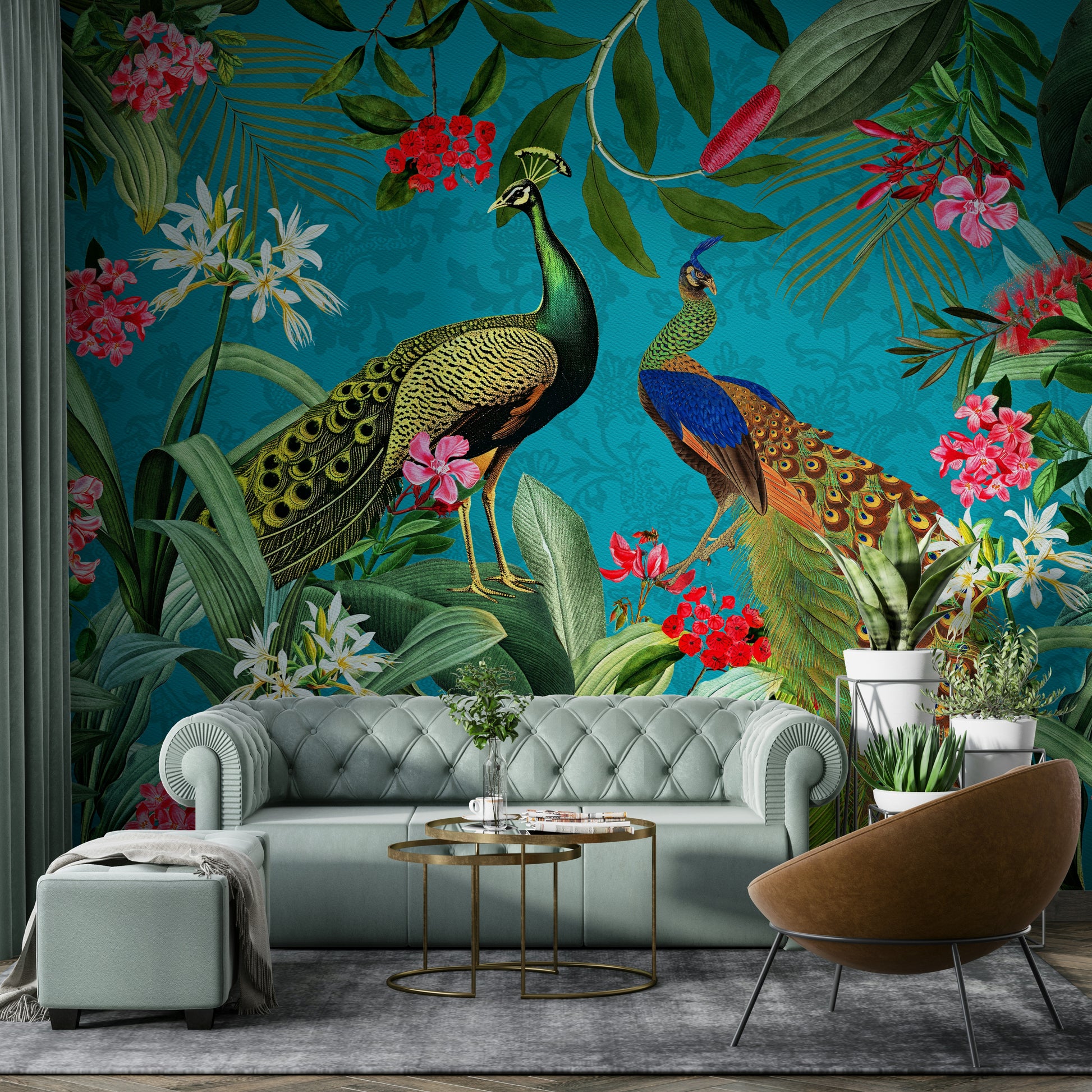 Timeless peacock paradise mural for bedroom decor

