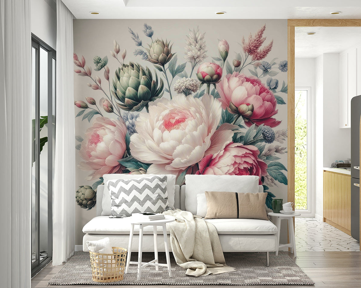 Vintage Peonies Spring wallpaper mural with pink and cream blooms behind a white sofa in a bright living room