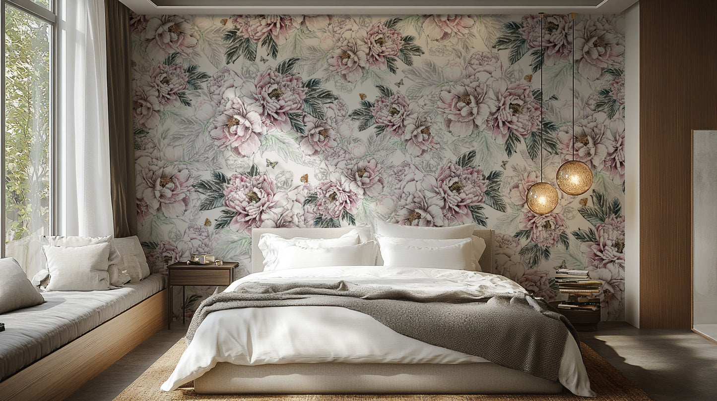 Vintage Peony Floral wallpaper mural in a bedroom with a white bed, grey throw and globe pendant lights