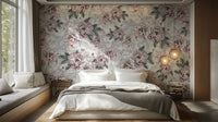 Vintage Peony Floral wallpaper mural in a bedroom with a white bed, grey throw and globe pendant lights