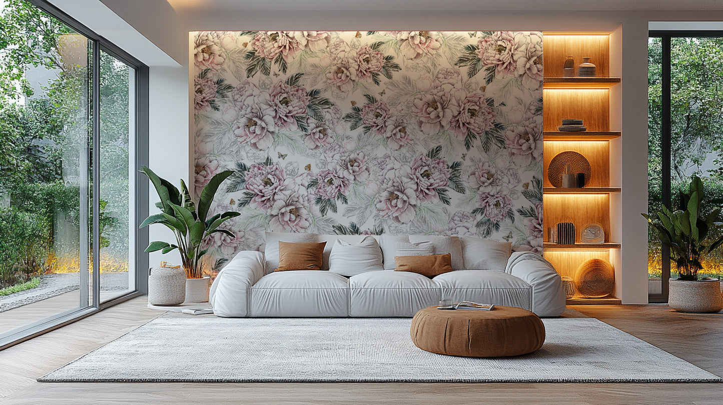 Vintage Peony Floral wallpaper mural behind a white sofa with a rust pouf and warmly lit display shelves