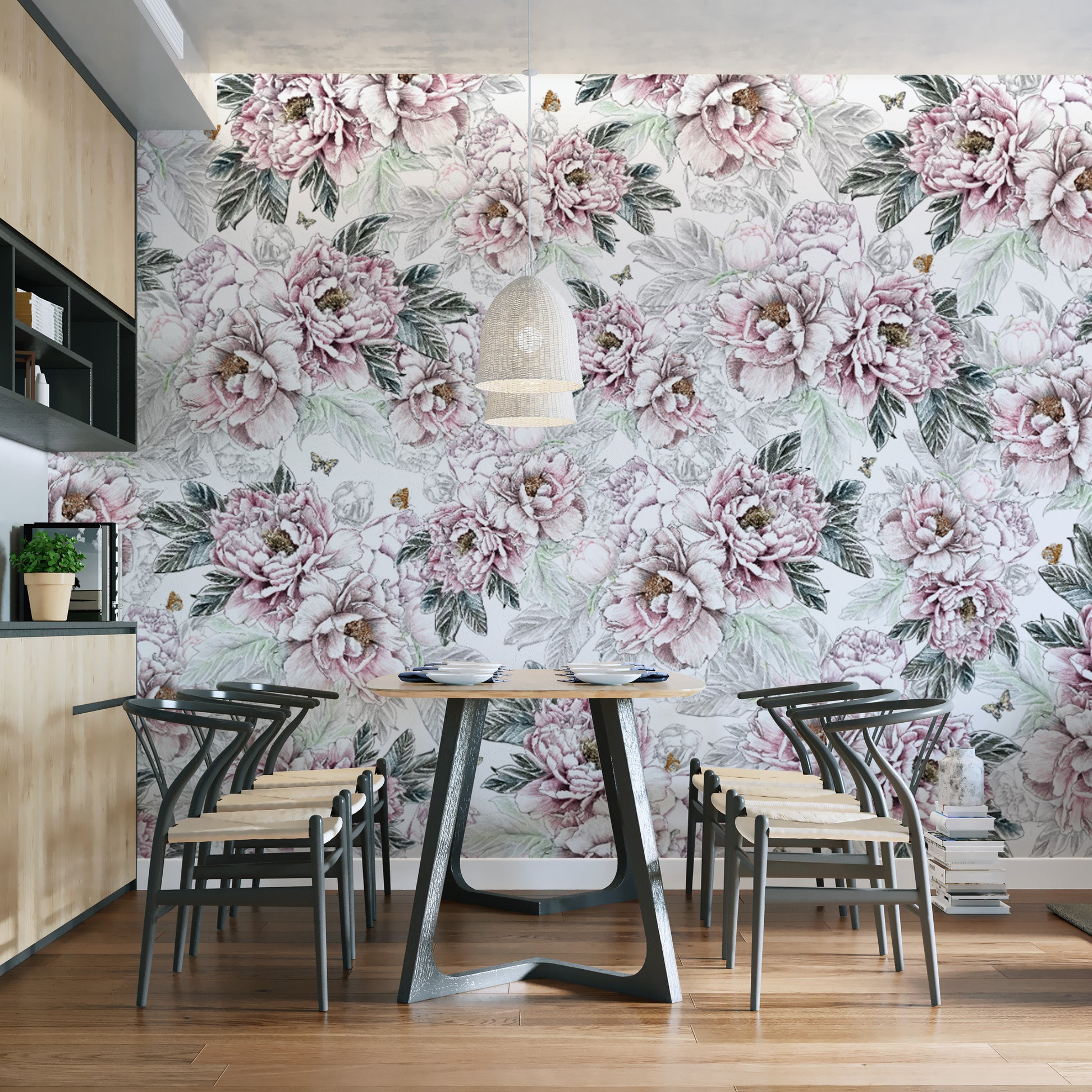 Vintage Peony Floral wallpaper mural in a dining nook with black wishbone chairs and a woven pendant light