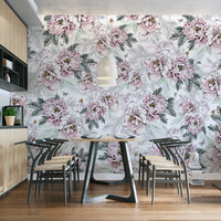 Vintage Peony Floral wallpaper mural in a dining nook with black wishbone chairs and a woven pendant light
