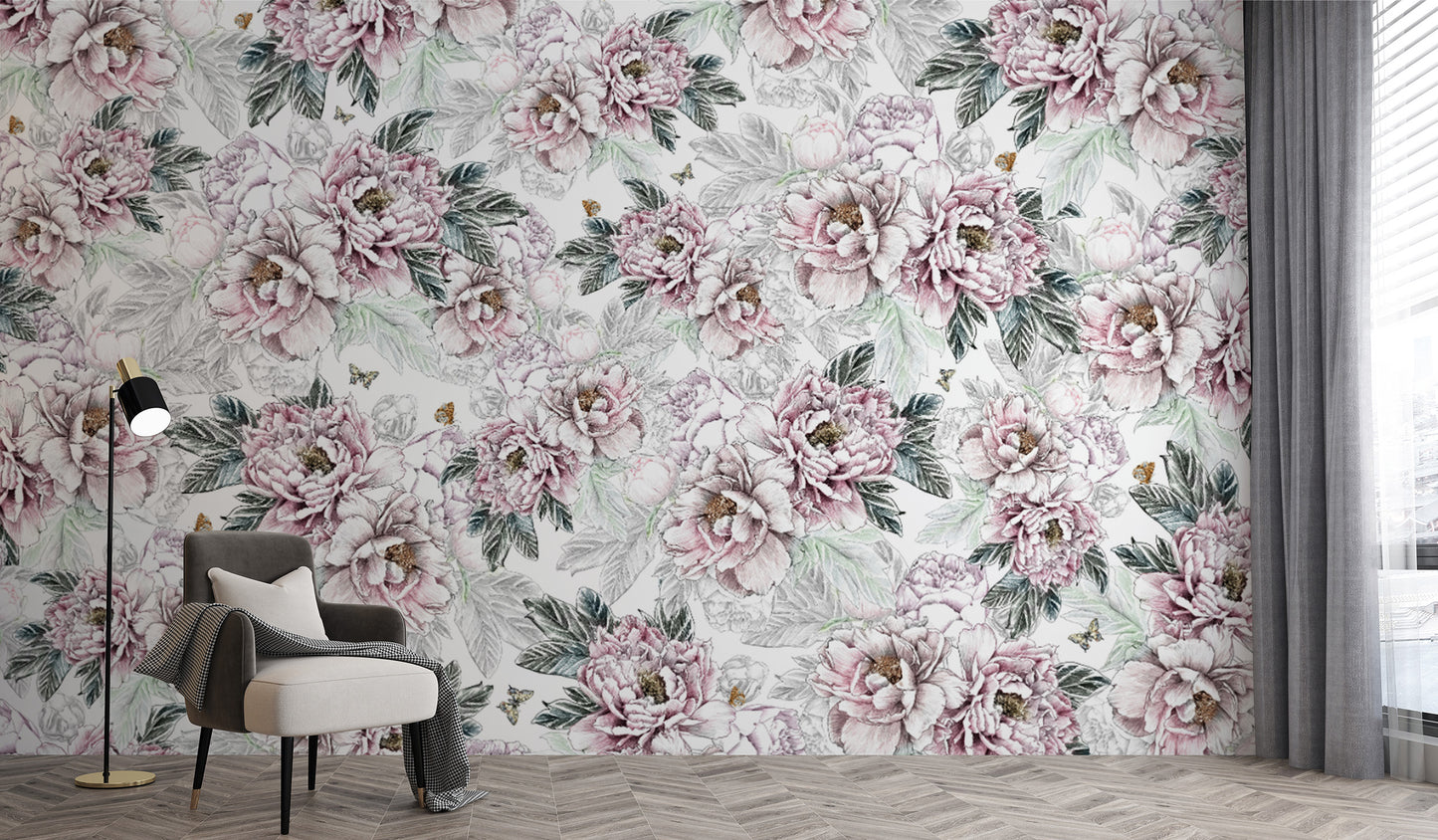 Vintage Peony Floral wallpaper mural behind a cream armchair and black floor lamp by a curtained window