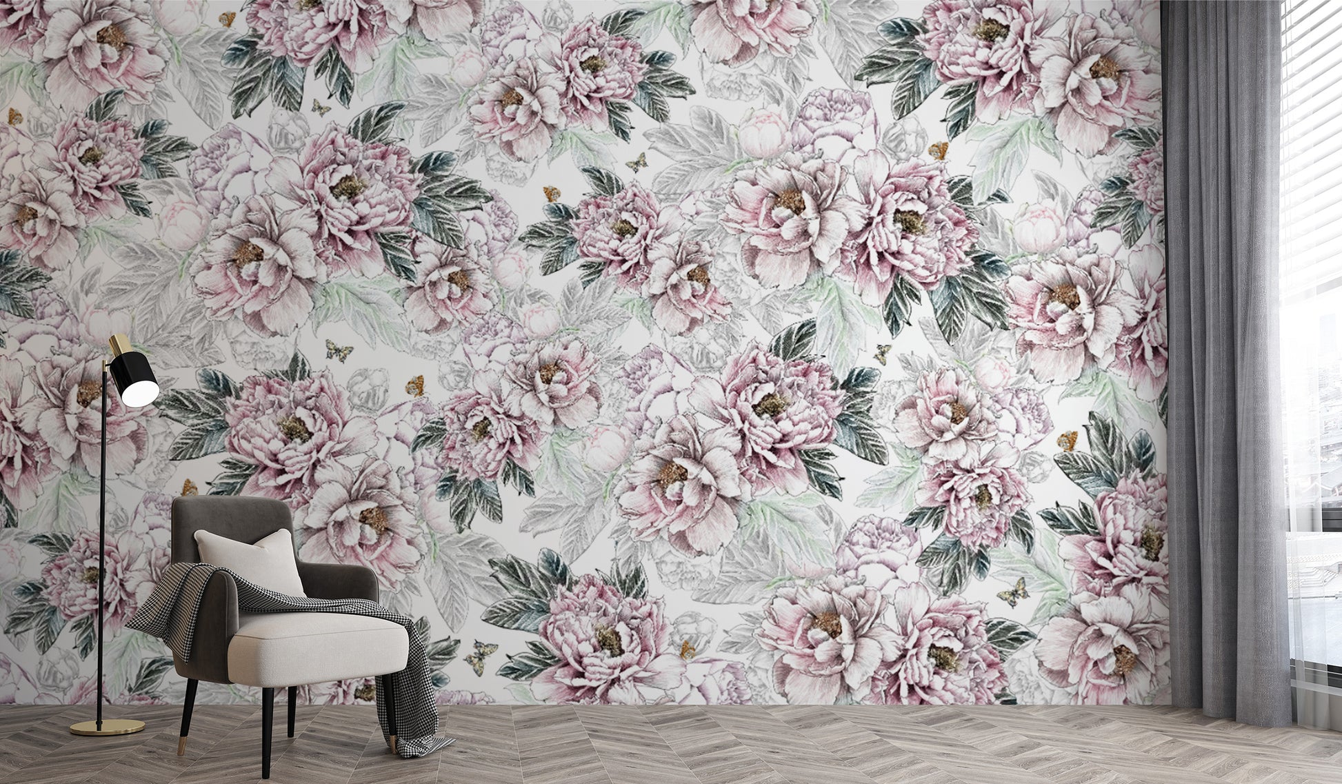 Vintage Peony Floral wallpaper mural behind a cream armchair and black floor lamp by a curtained window