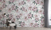 Vintage Peony Floral wallpaper mural behind a cream armchair and black floor lamp by a curtained window