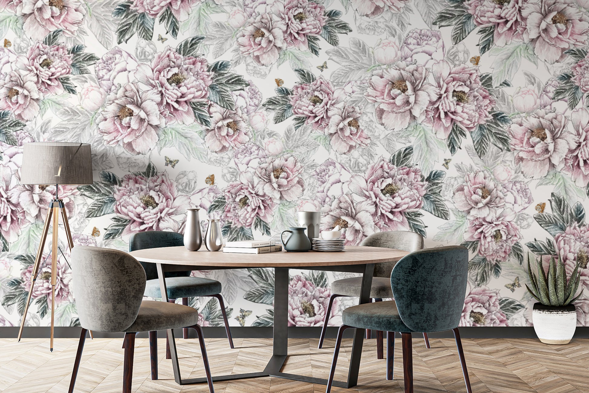 Vintage Peony Floral wallpaper mural in a dining room with a round table, grey velvet chairs and tripod lamp