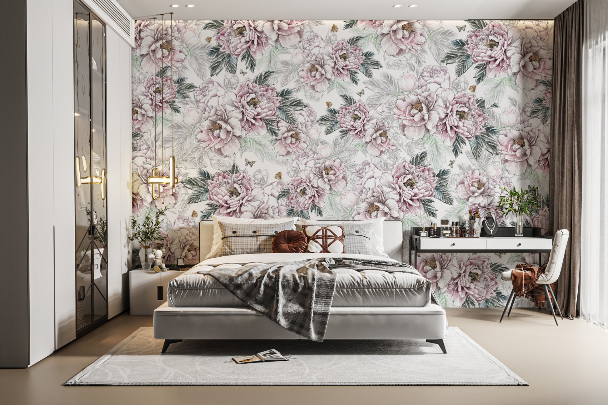 Vintage Peony Floral wallpaper mural behind a grey upholstered bed with mirrored wardrobe and dressing table