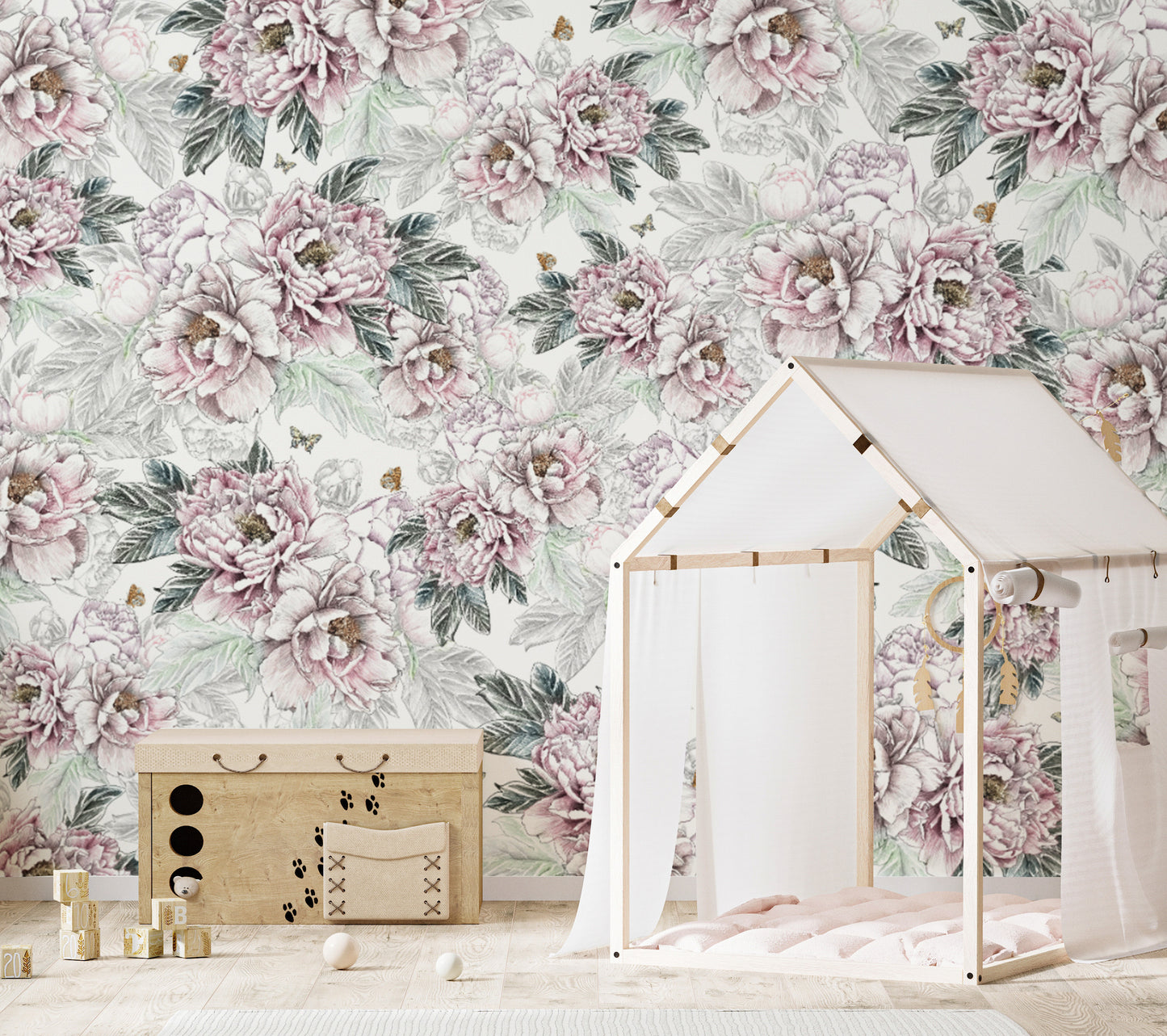 Vintage Peony Floral wallpaper mural in a kids room with a wooden canopy bed and paw-print toy chest