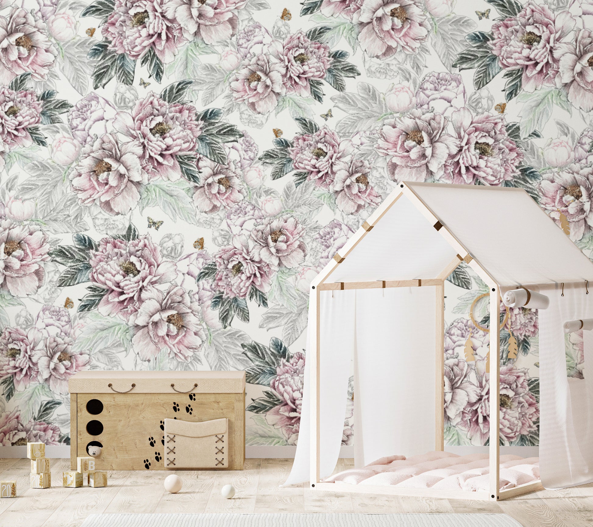 Vintage Peony Floral wallpaper mural in a kids room with a wooden canopy bed and paw-print toy chest