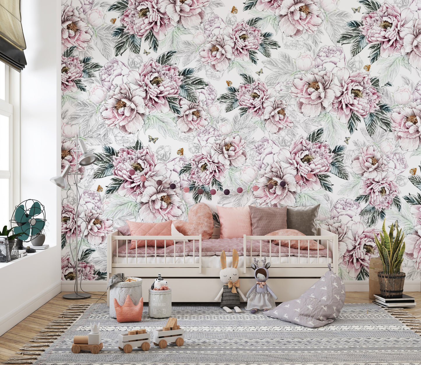 Vintage Peony Floral wallpaper mural in a nursery with a cream daybed, pink pillows and soft toys