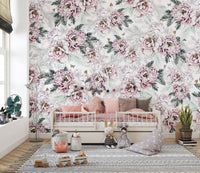 Vintage Peony Floral wallpaper mural in a nursery with a cream daybed, pink pillows and soft toys