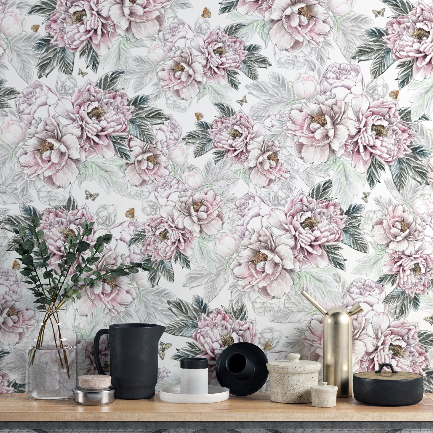 Vintage Peony Floral wallpaper mural in pink and sage behind a wood shelf with black pitcher and brass decor