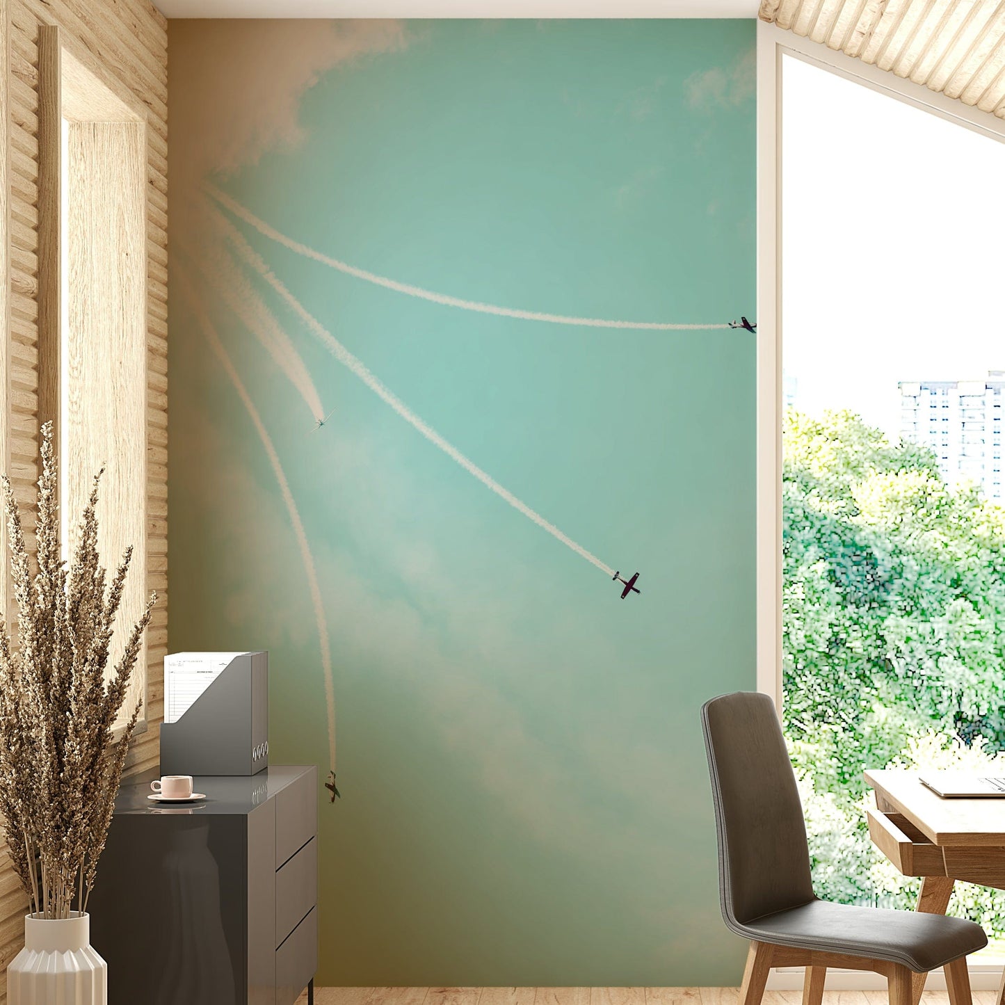 A high-angle view of the wall mural in a large space.