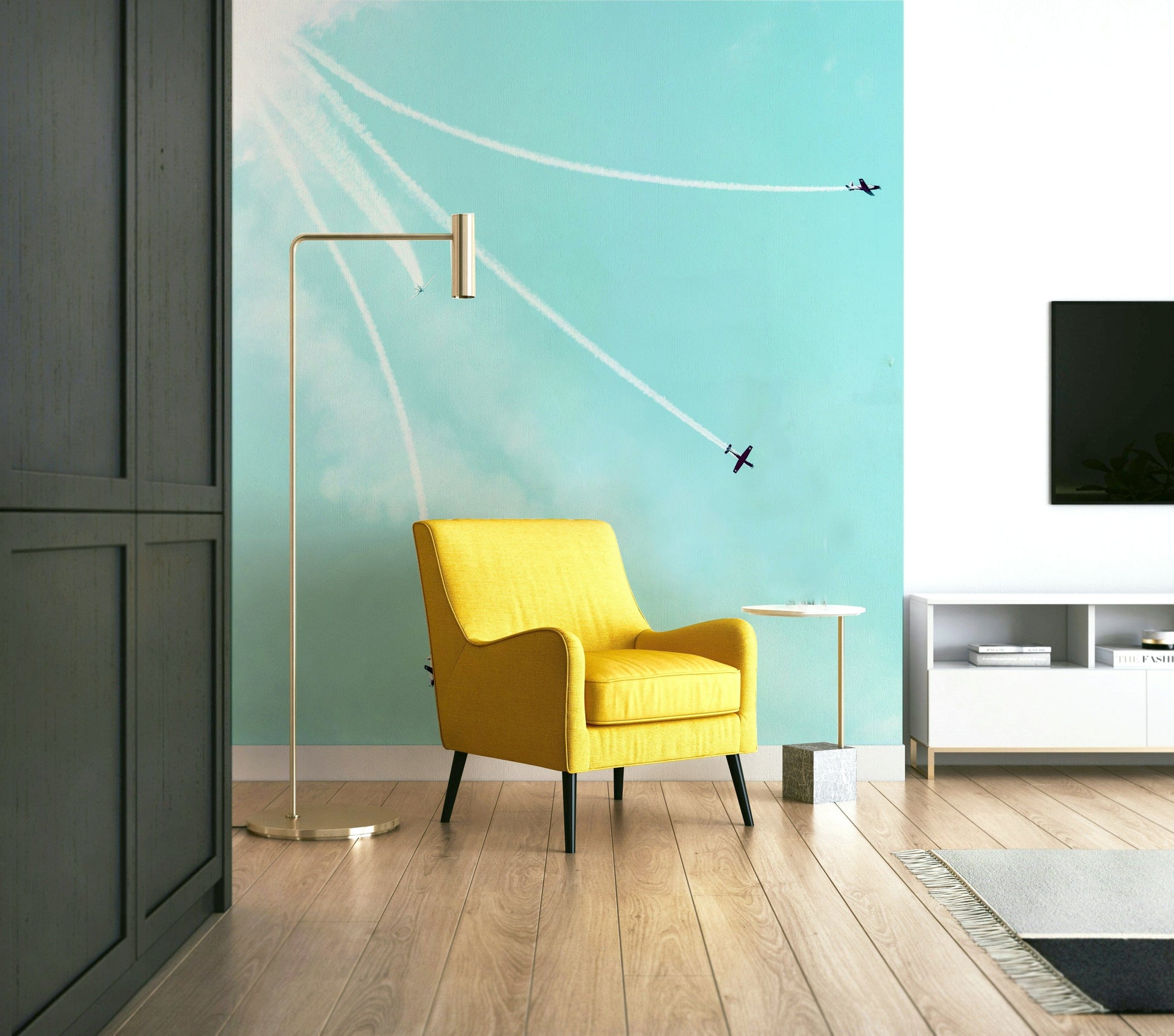 A minimalist home office with the vintage IAF wallpaper.