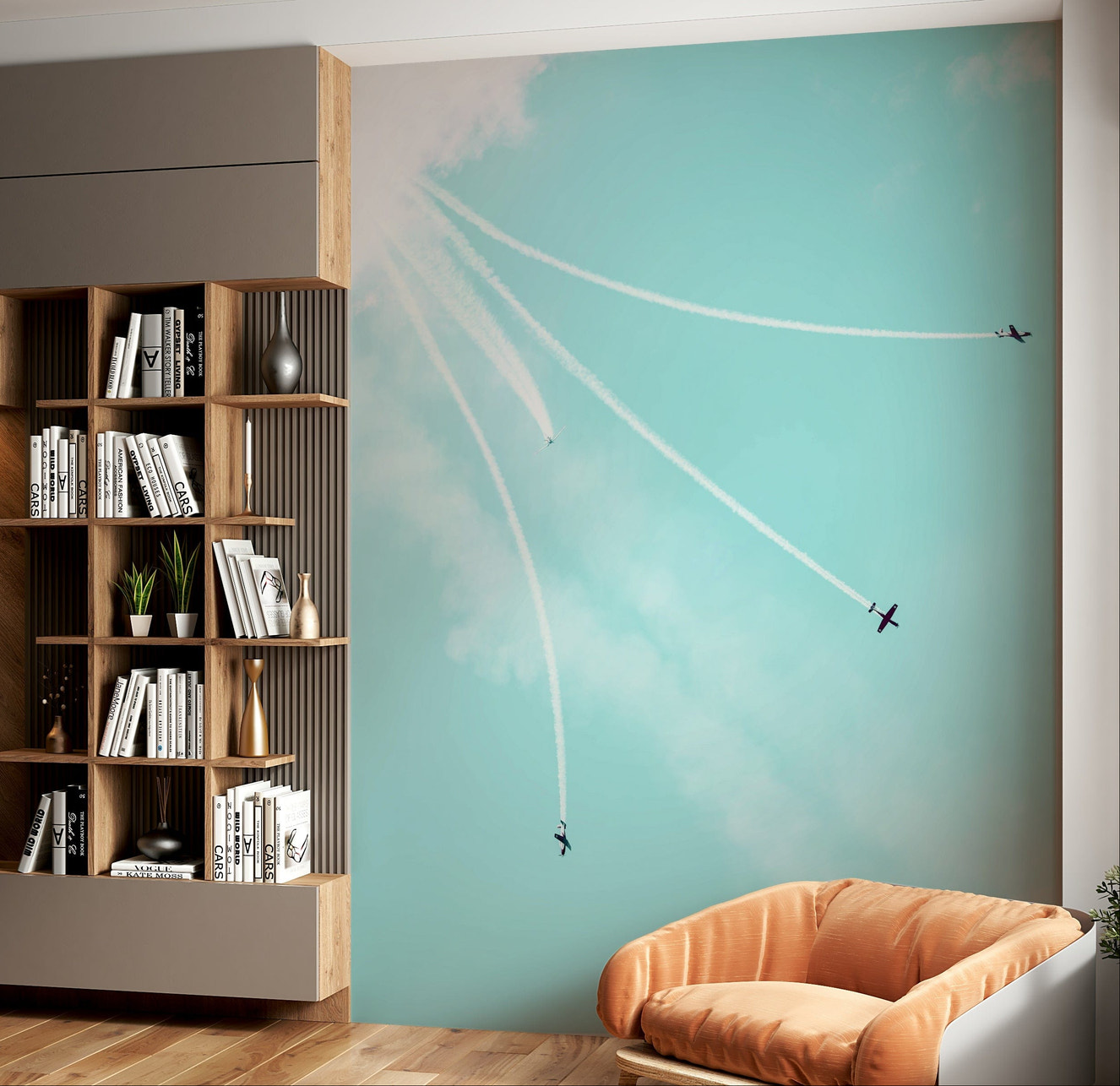 A living room featuring the vintage IAF wall mural.