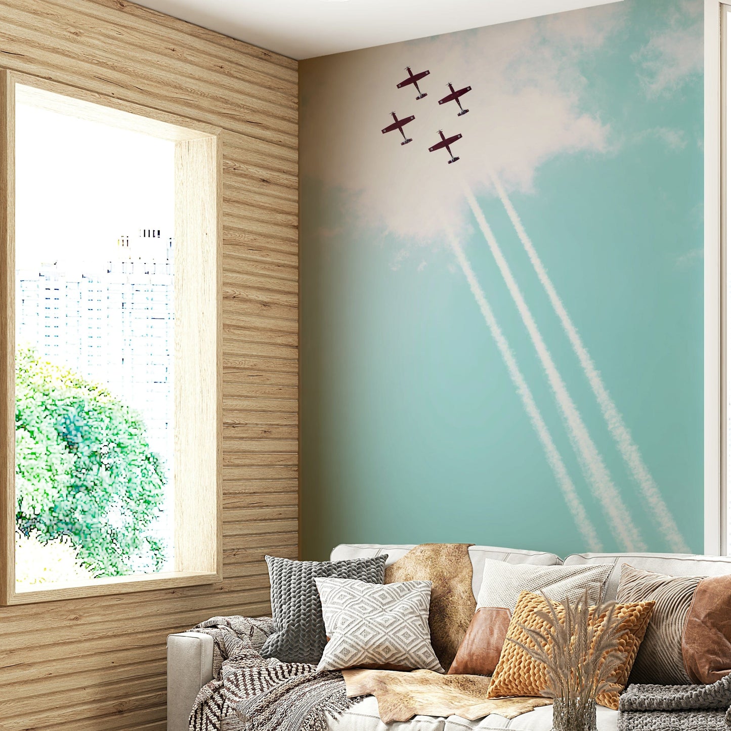 A minimalist home office with the vintage IAF wallpaper.