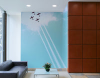 The wallpaper is used as a feature wall in a bedroom.
