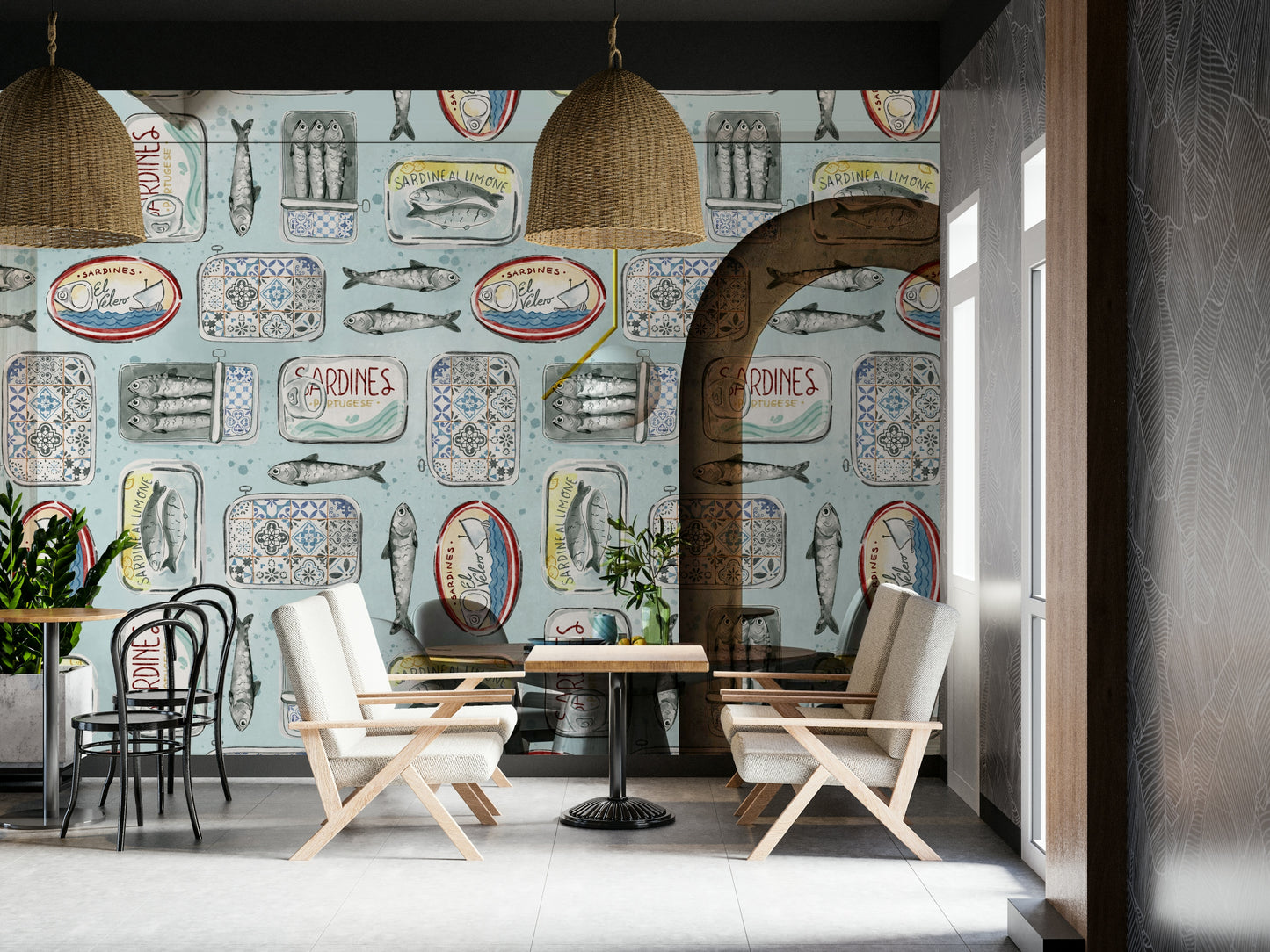 Quirky sardine and can print wallpaper

