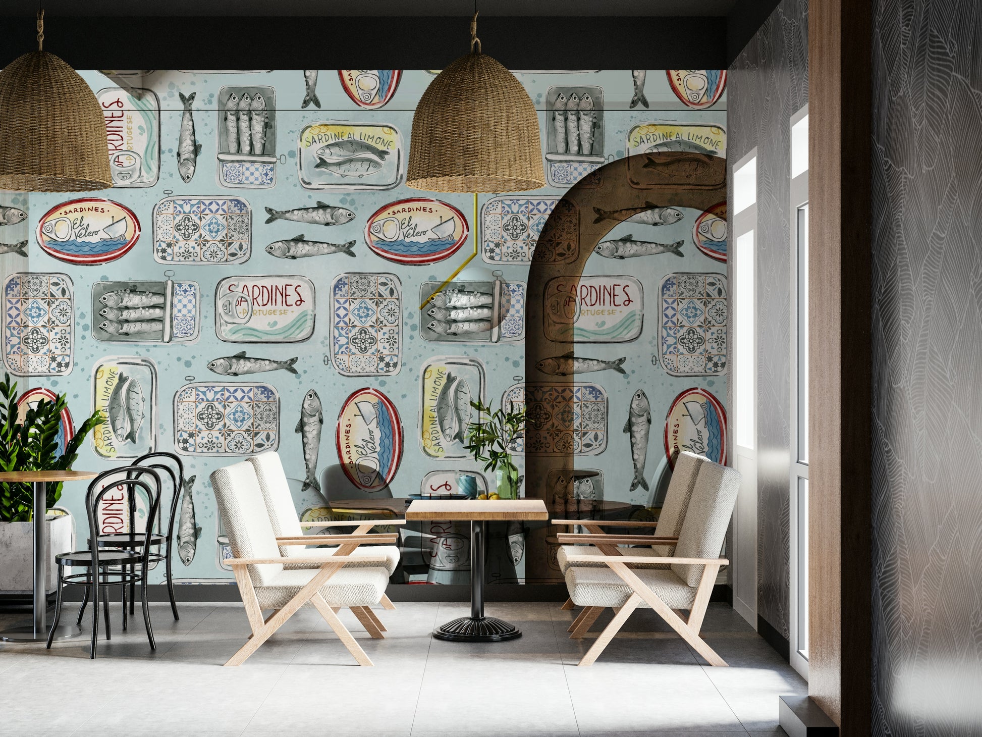 Quirky sardine and can print wallpaper

