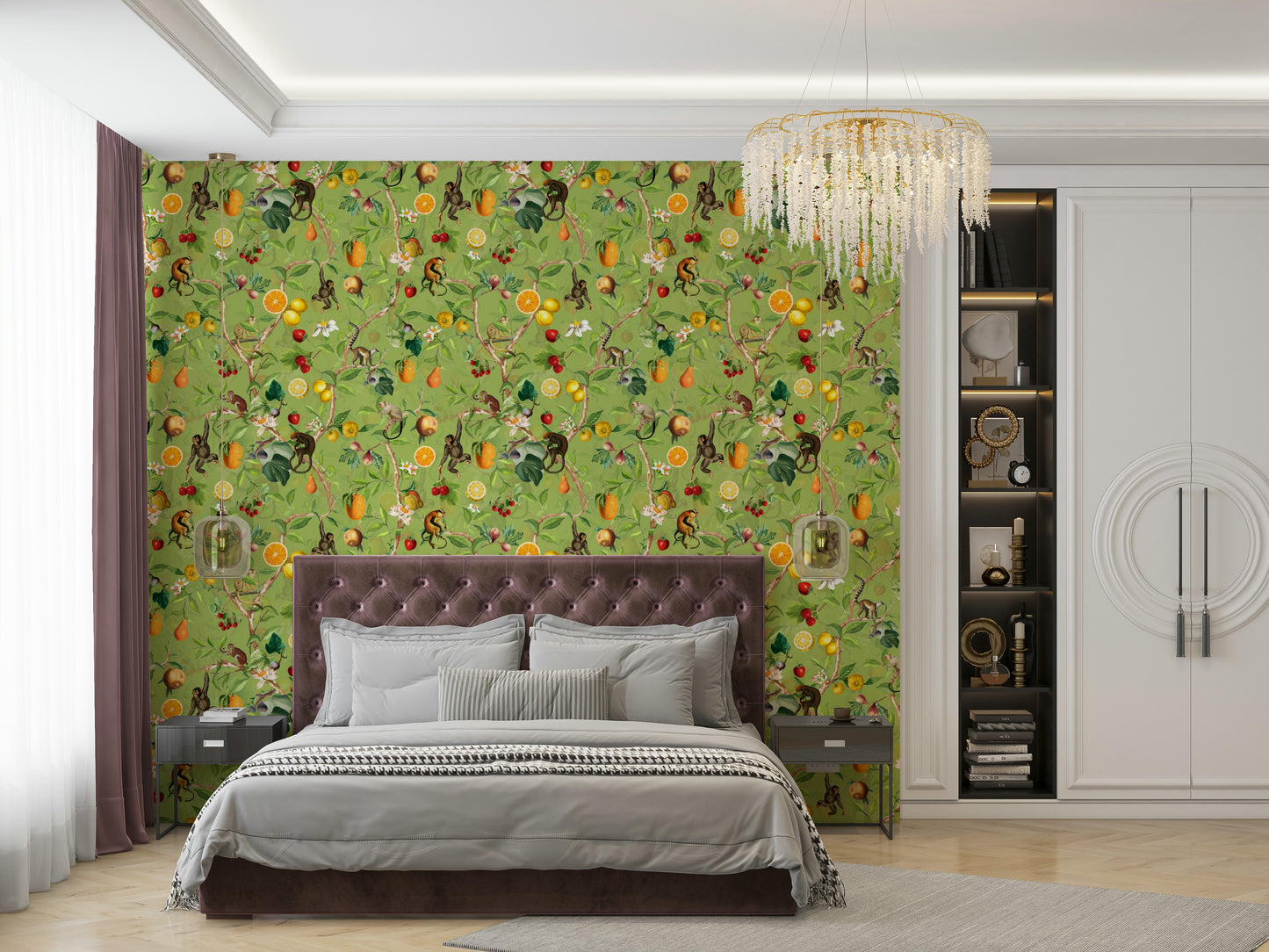 Playful jungle wallpaper featuring monkeys and dense greenery.


