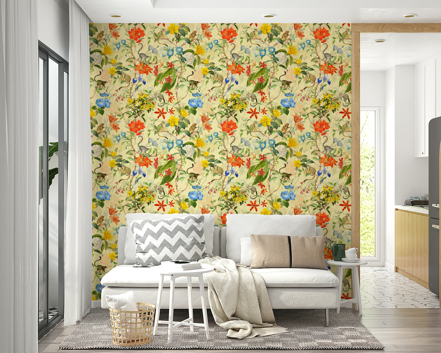 Tropical wallpaper with monkeys, bright flowers, and intricate vines.

