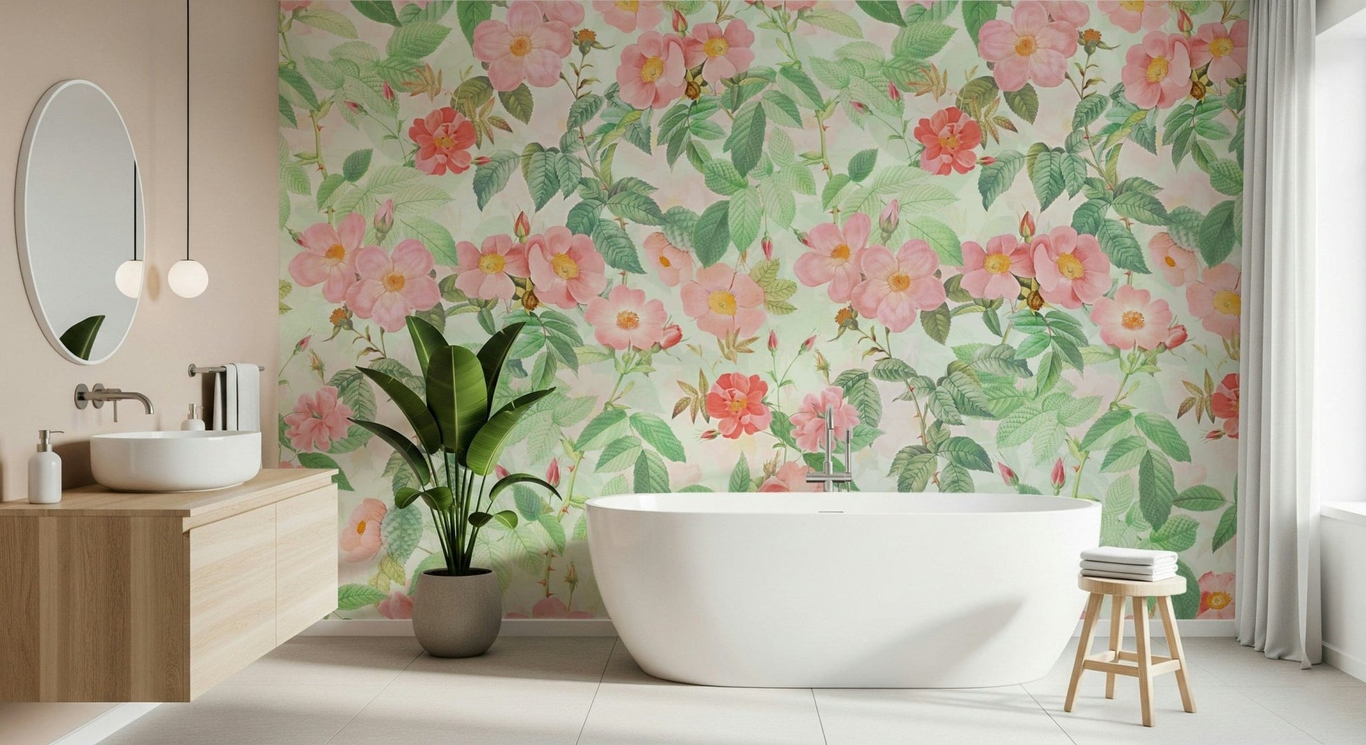 Elegant Antique Rose Wall Mural – Refined wallpaper featuring intricately painted roses and foliage in a classic garden setting.