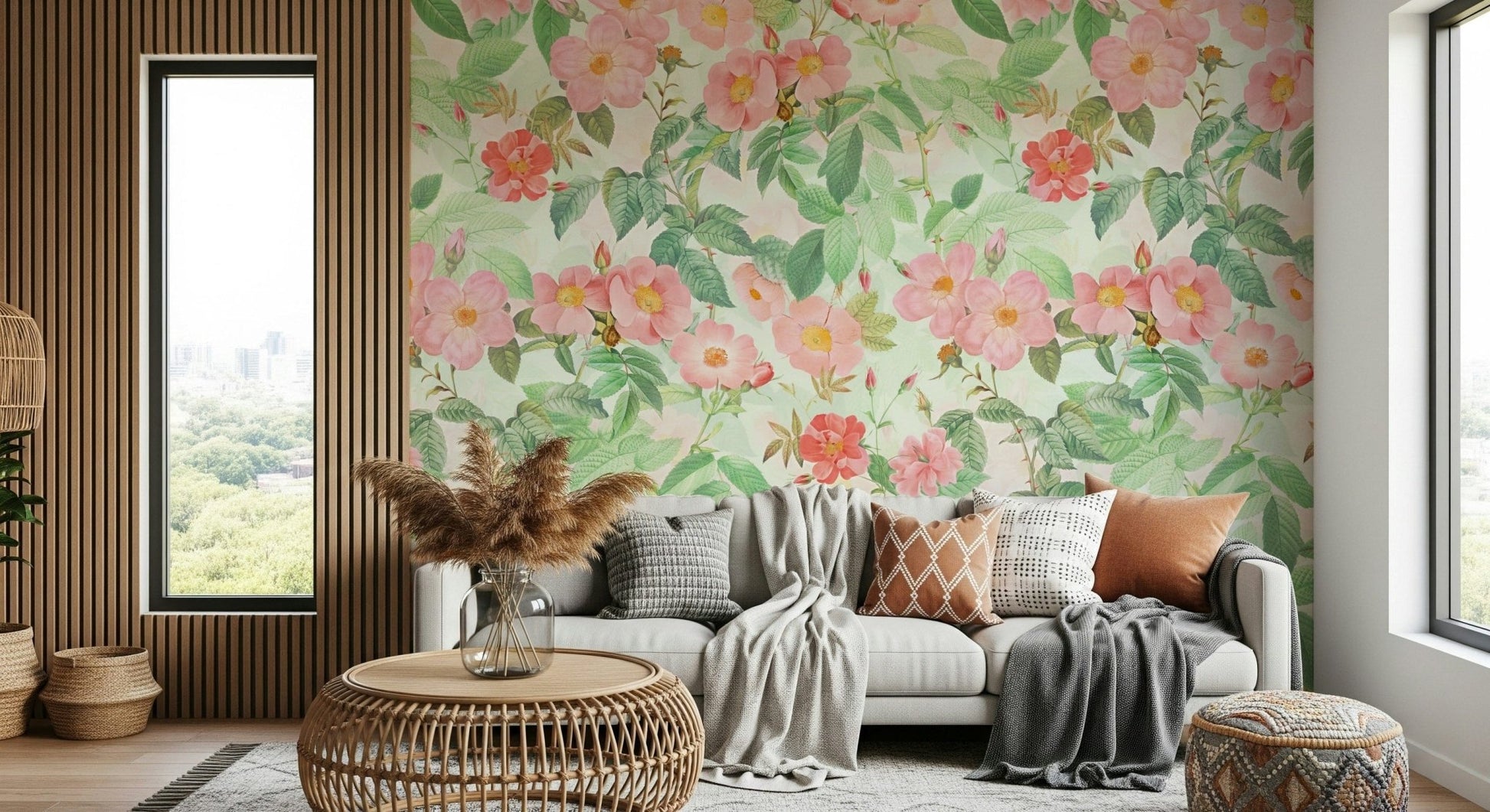 Redouté-Inspired Vintage Rose Mural – Artistic depiction of roses in soft pinks and reds, reminiscent of 18th-century botanical illustrations.