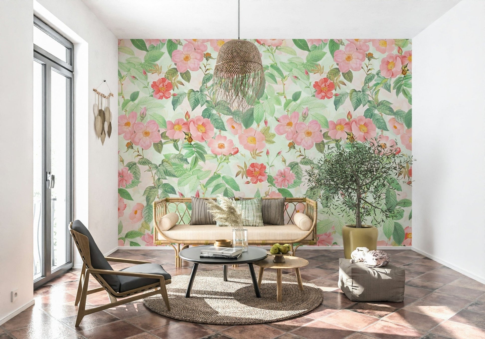 Redouté Rose Illustration Wallpaper Mural – Vintage botanical artwork showcasing hand-painted roses with delicate leaves.