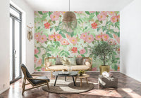 Redouté Rose Illustration Wallpaper Mural – Vintage botanical artwork showcasing hand-painted roses with delicate leaves.