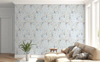 Vintage Rococo Chinoiserie Asian Lanterns with Monkeys and Sakura Flowers blue Wallpaper⁠