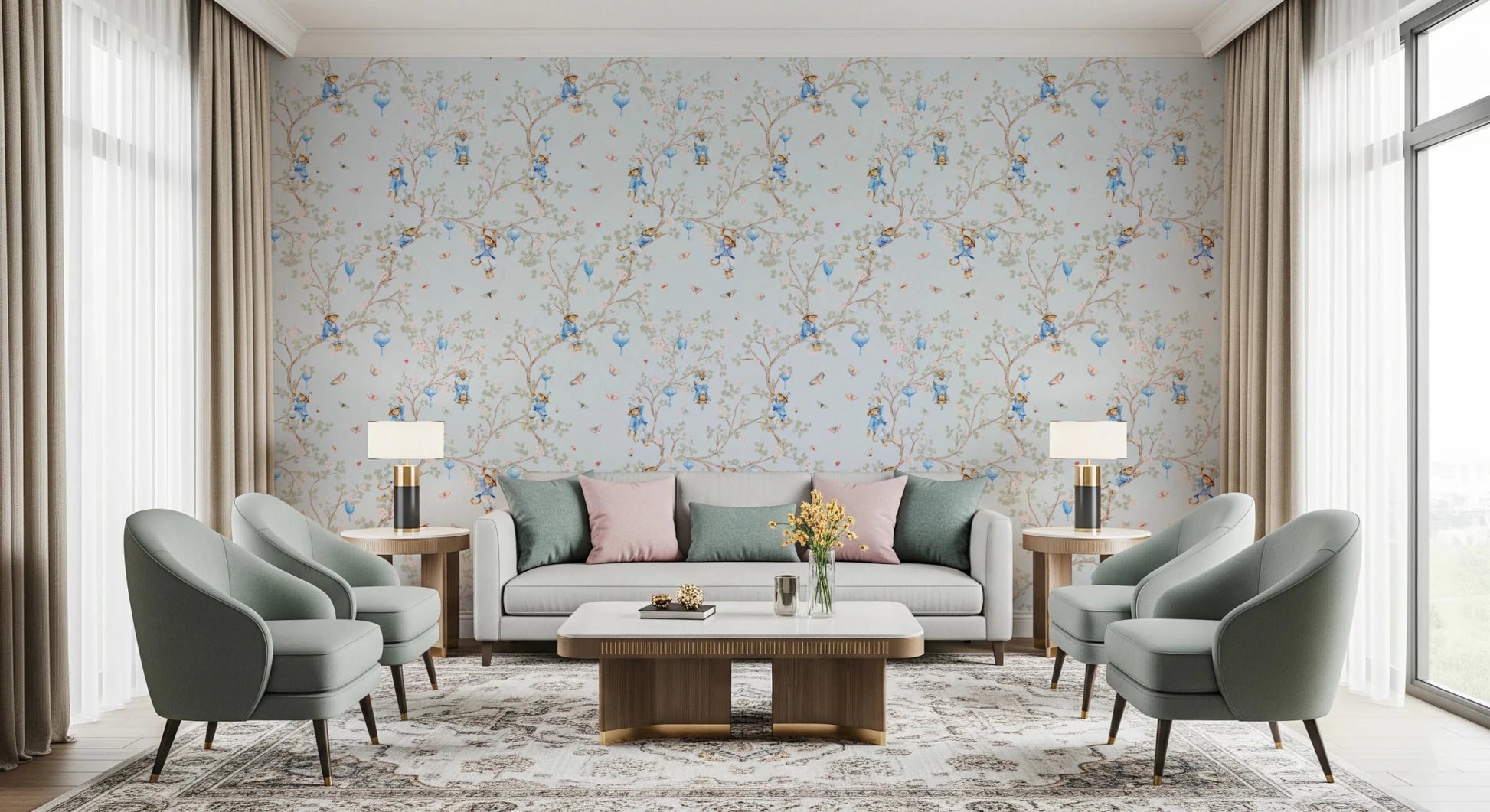 Vintage Rococo Chinoiserie Asian Lanterns with Monkeys and Sakura Flowers blue Wallpaper⁠