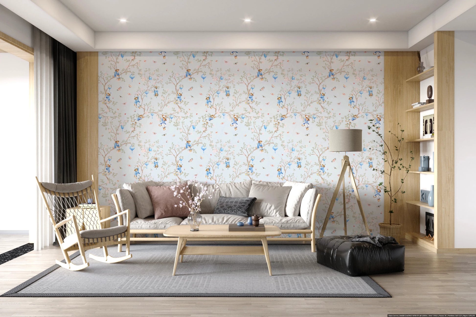 Vintage Rococo Chinoiserie Asian Lanterns with Monkeys and Sakura Flowers blue Wallpaper⁠