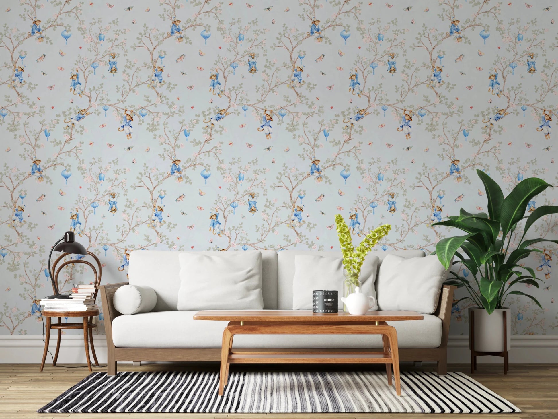 Vintage Rococo Chinoiserie Asian Lanterns with Monkeys and Sakura Flowers blue Wallpaper⁠