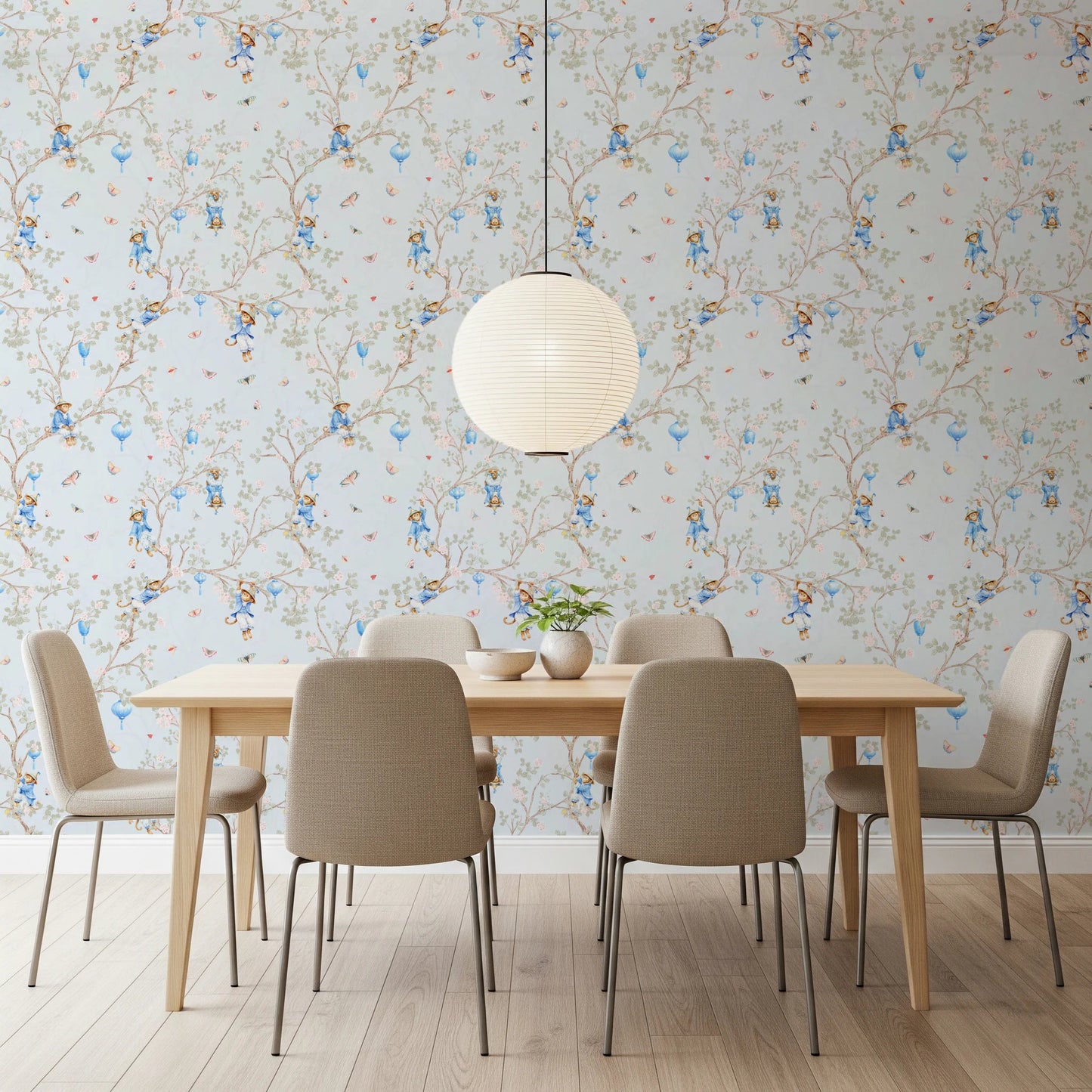 Vintage Rococo Chinoiserie Asian Lanterns with Monkeys and Sakura Flowers blue Wallpaper⁠