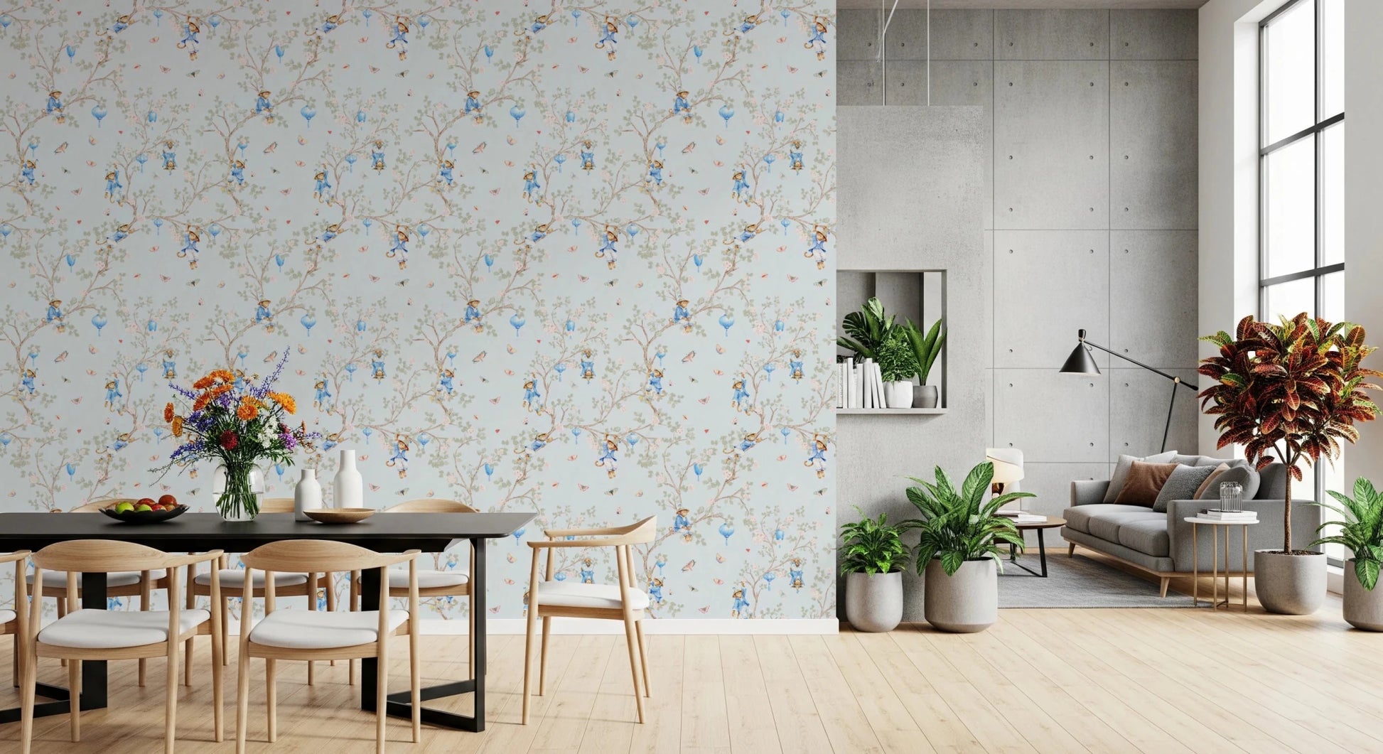 Vintage Rococo Chinoiserie Asian Lanterns with Monkeys and Sakura Flowers blue Wallpaper⁠