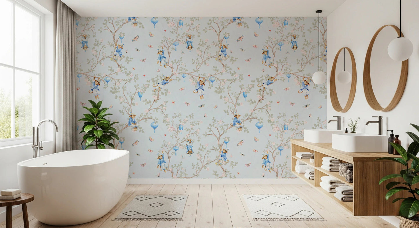 Vintage Rococo Chinoiserie Asian Lanterns with Monkeys and Sakura Flowers blue Wallpaper⁠